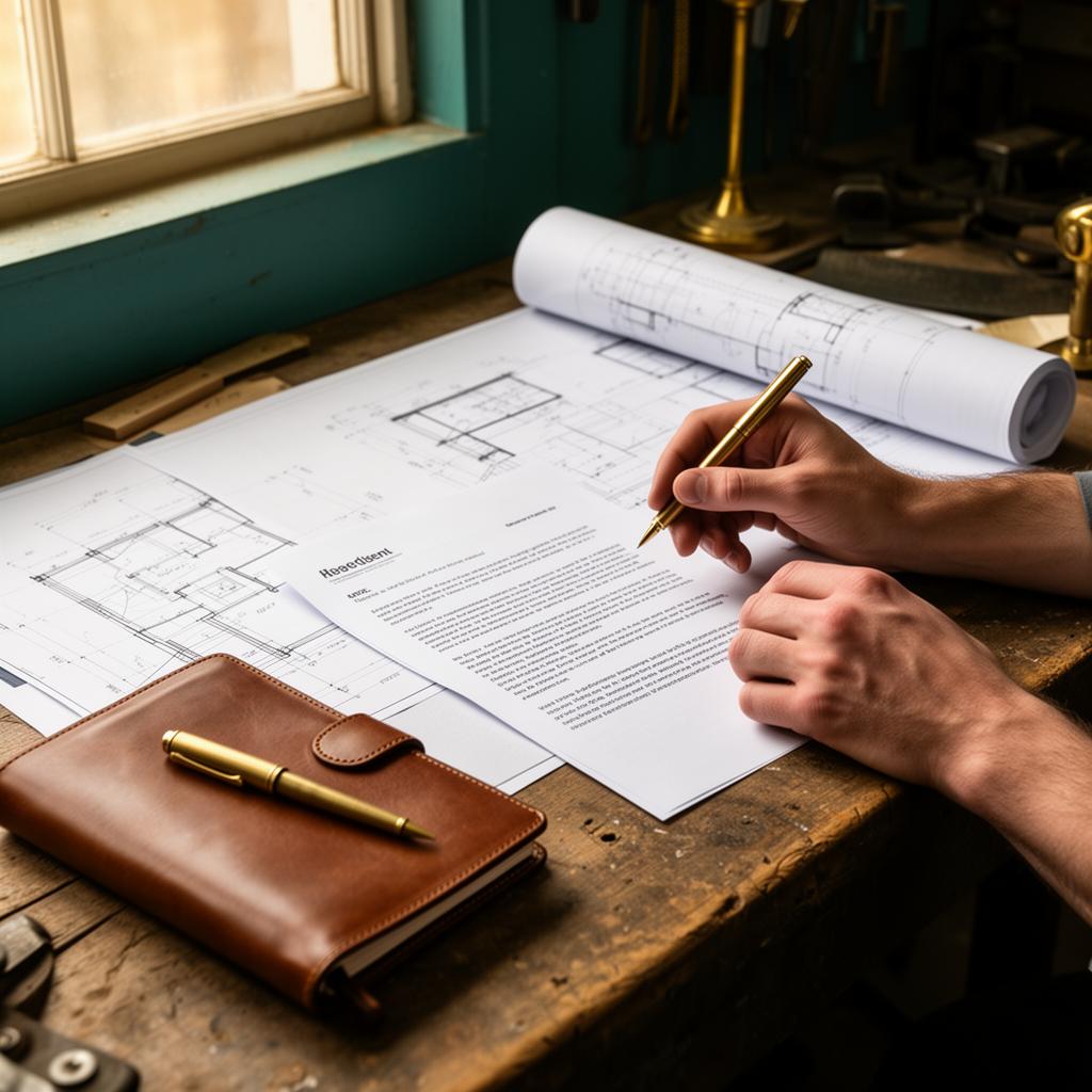 A founder reviewing blueprints and contracts on a workshop desk