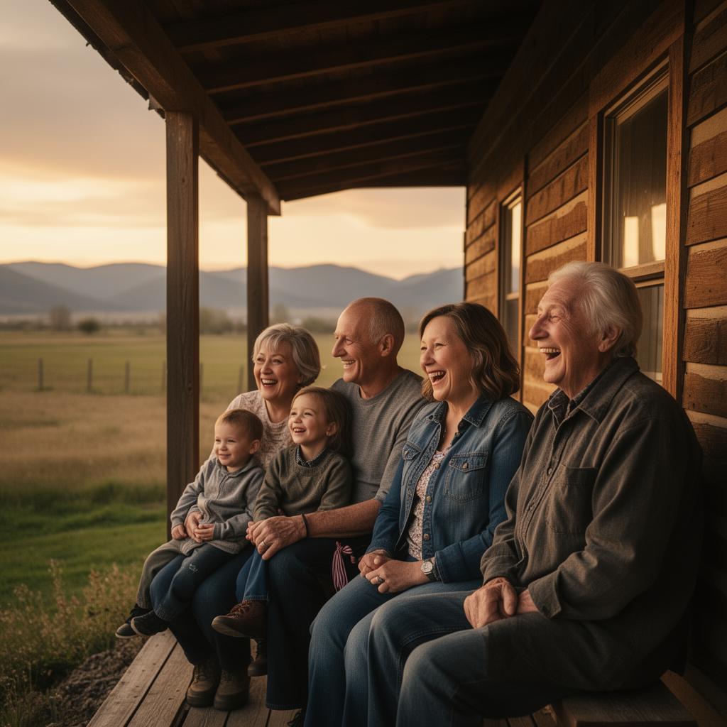 A multigenerational Idaho family on the porch of their farmhouse