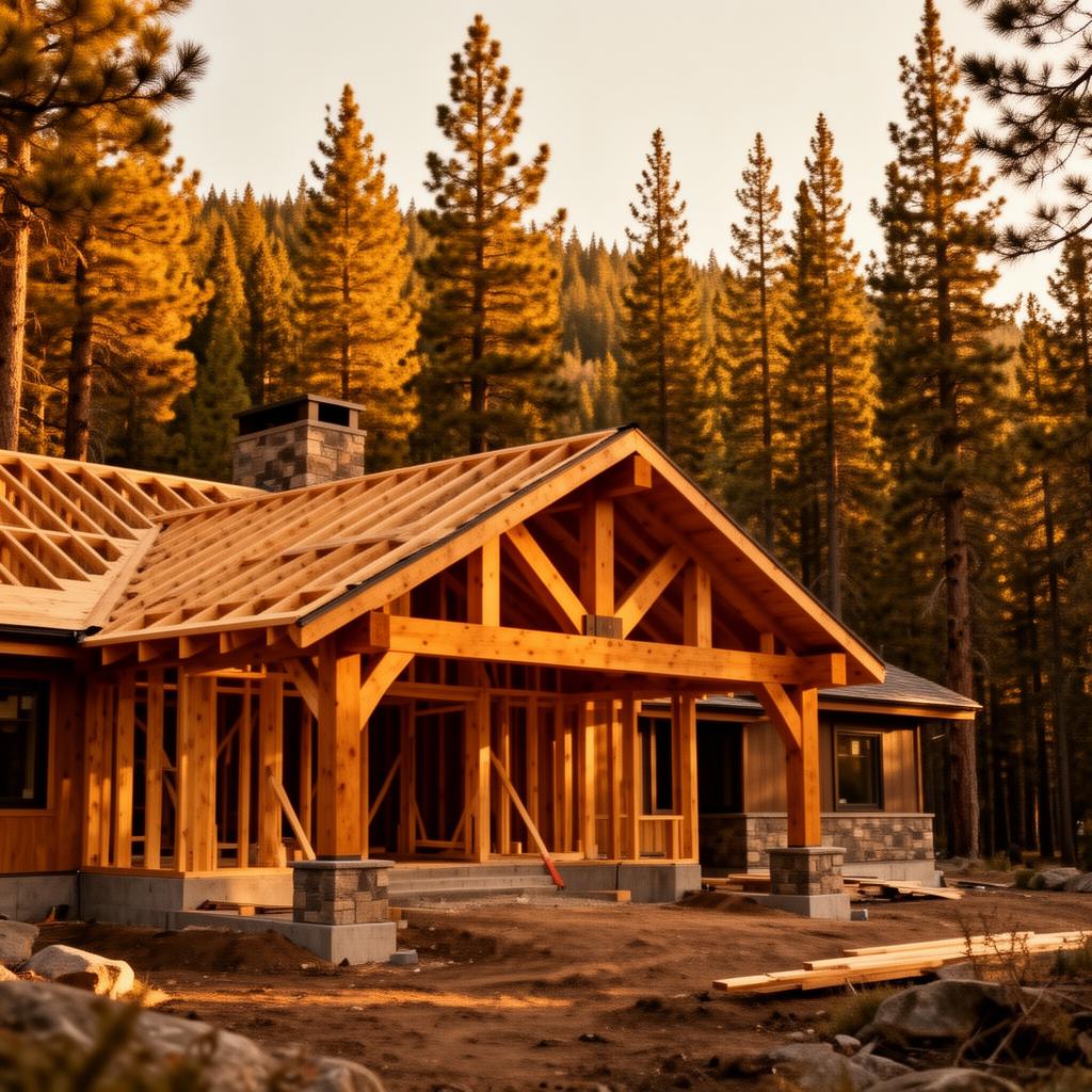 A custom Idaho mountain home under construction in golden afternoon light
